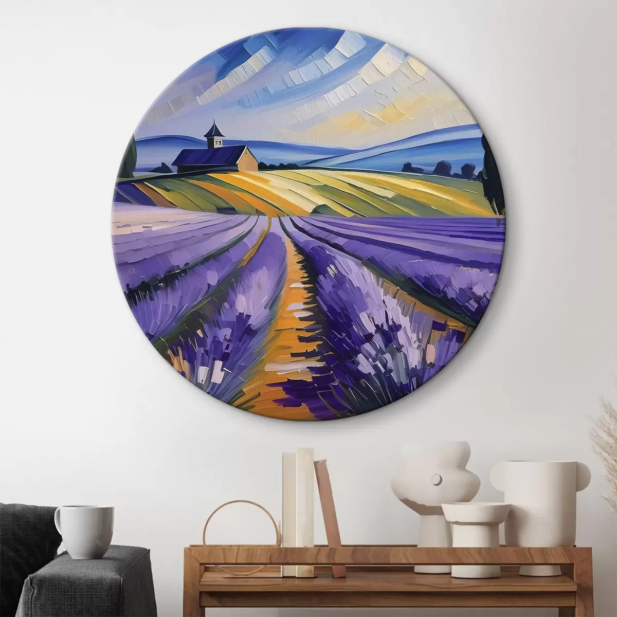 Quadri rotondi Campo di lavanda, paesaggi estivi, fiori viola, pittura a olio, pennellate vivaci r39413
