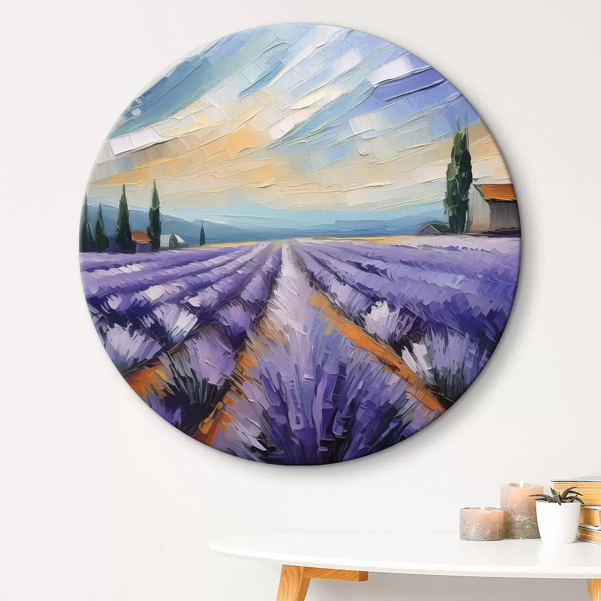Quadri rotondi Campo di lavanda, paesaggi estivi, fiori viola, pittura a olio, bel cielo r39414