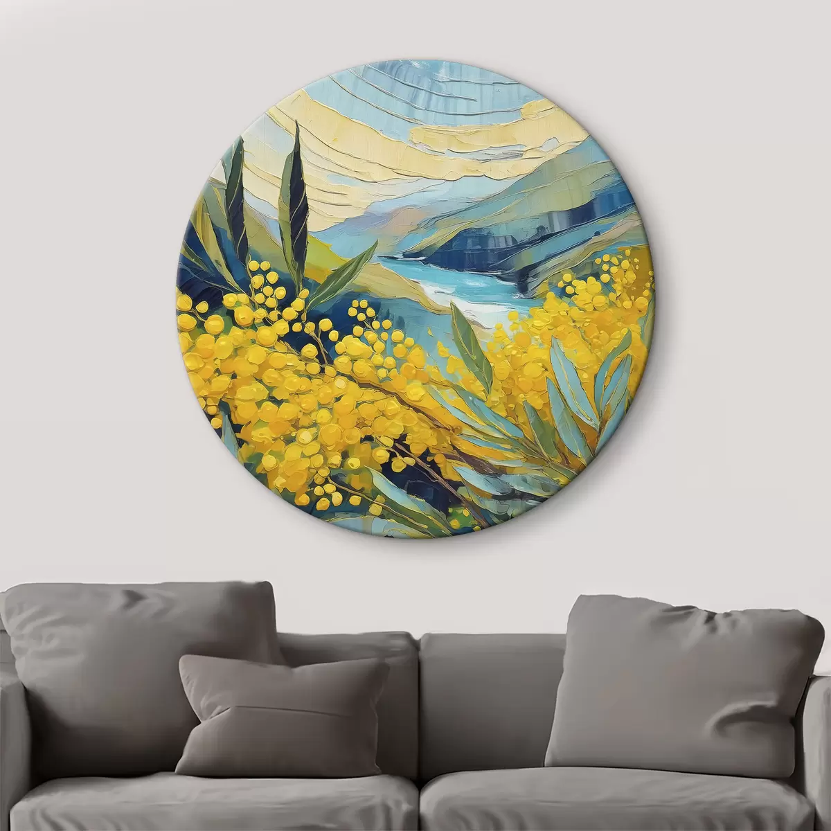 Quadri rotondi Paesaggio naturale, estate, fiori gialli, pittura a olio, pennellate vivaci r39418