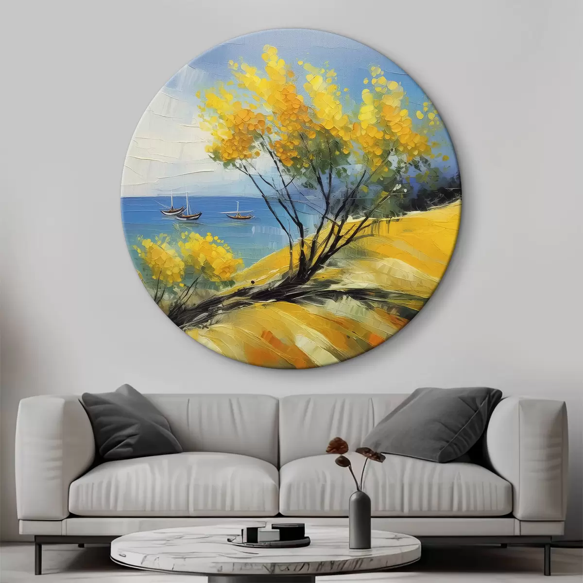 Quadri rotondi Albero con fiori gialli, costa marina con navi, pittura a olio, pennellate vivaci, estate r39419