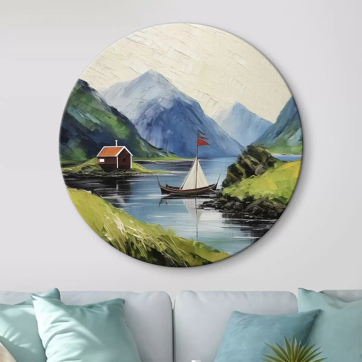 Quadri rotondi Paesaggio estivo delle Lofoten, mare nordico, yacht, montagne, casetta, natura, pittura acrilica r39421