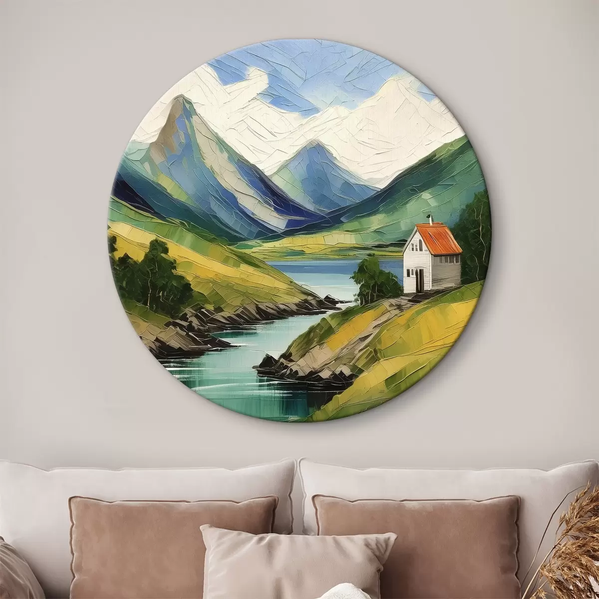 Quadri rotondi Paesaggio norvegese, verde, bellissime montagne, casetta, natura, arte acrilica r39422