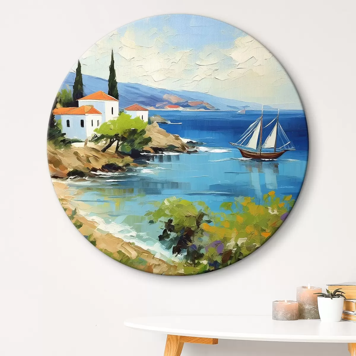 Quadri rotondi Costa del Mar Mediterraneo, acqua blu, yacht, case bianche, montagne, estate r39424