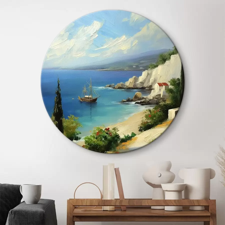 carta da parati Costa del mare della Grecia, nave, acqua blu, pittura a olio, natura estiva, rocce, pennellate vivaci nr. r39425