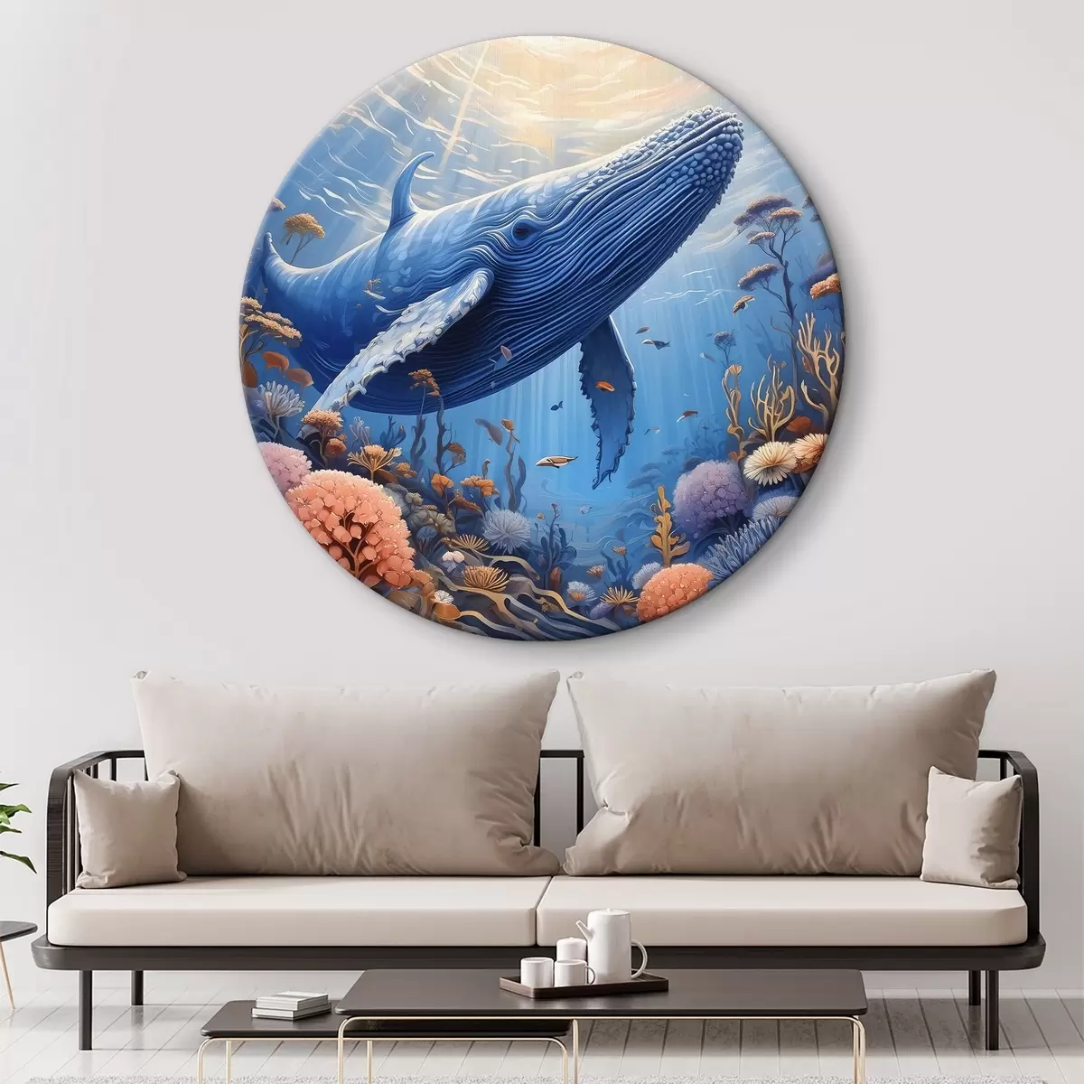 Quadri rotondi Balena di mare sott'acqua, barriere coralline, pesci, luce solare, colori blu r39426