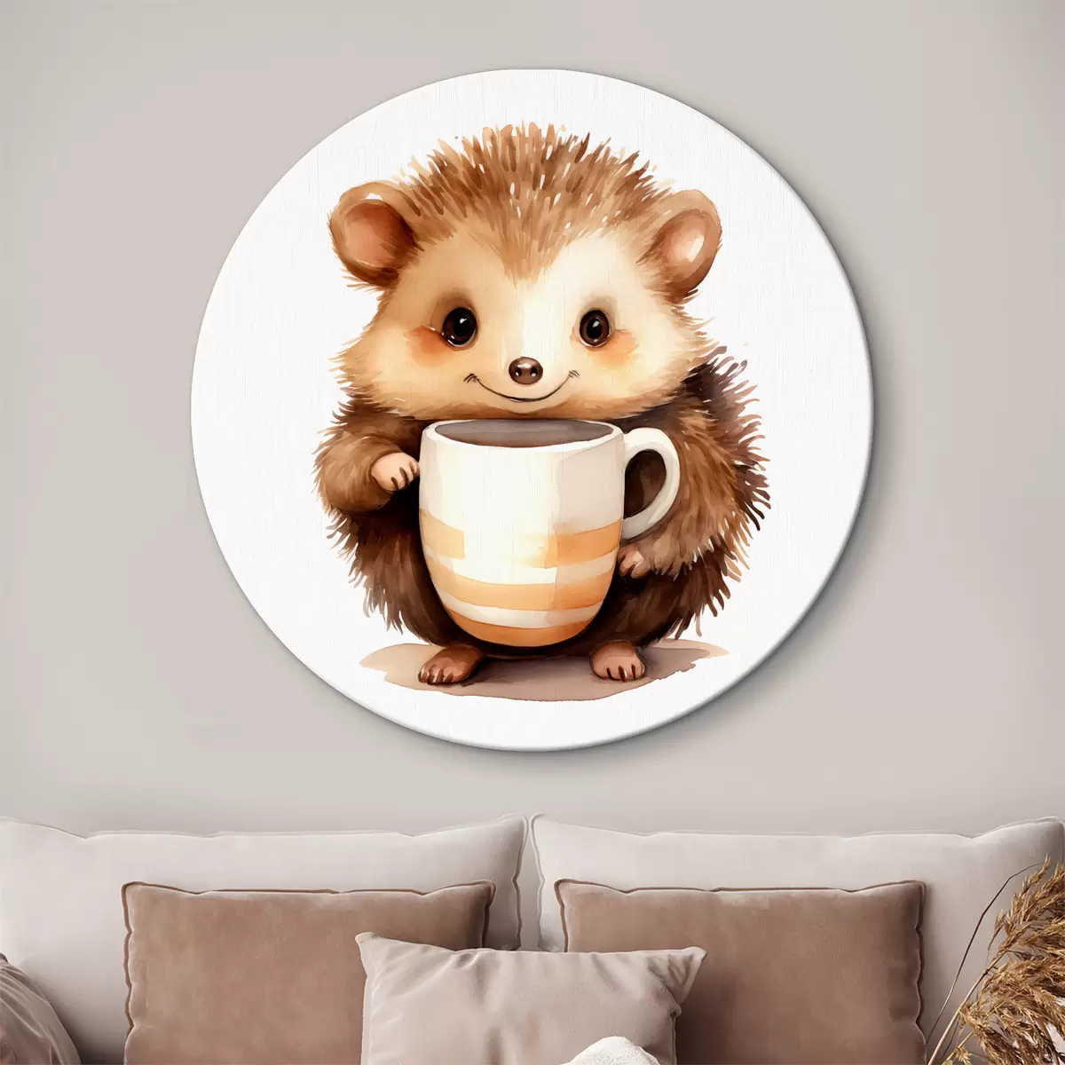 Quadri rotondi Riccio che tiene una tazza bianca nelle zampe illustrazione per bambini ad acquerello r39440