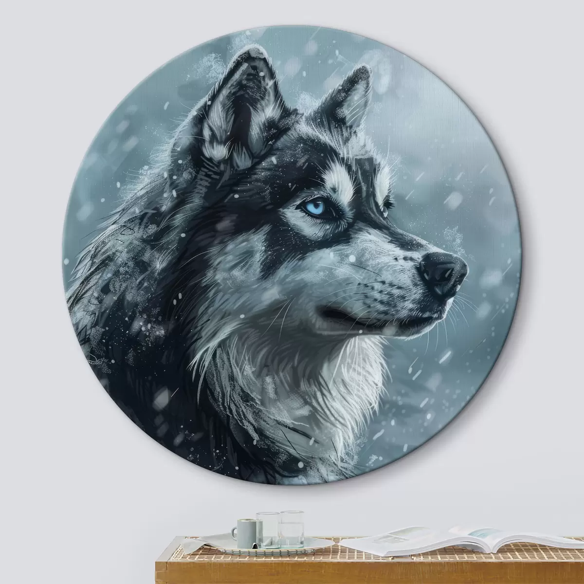 Quadri rotondi Husky con gli occhi azzurri su sfondo blu invernale r39462