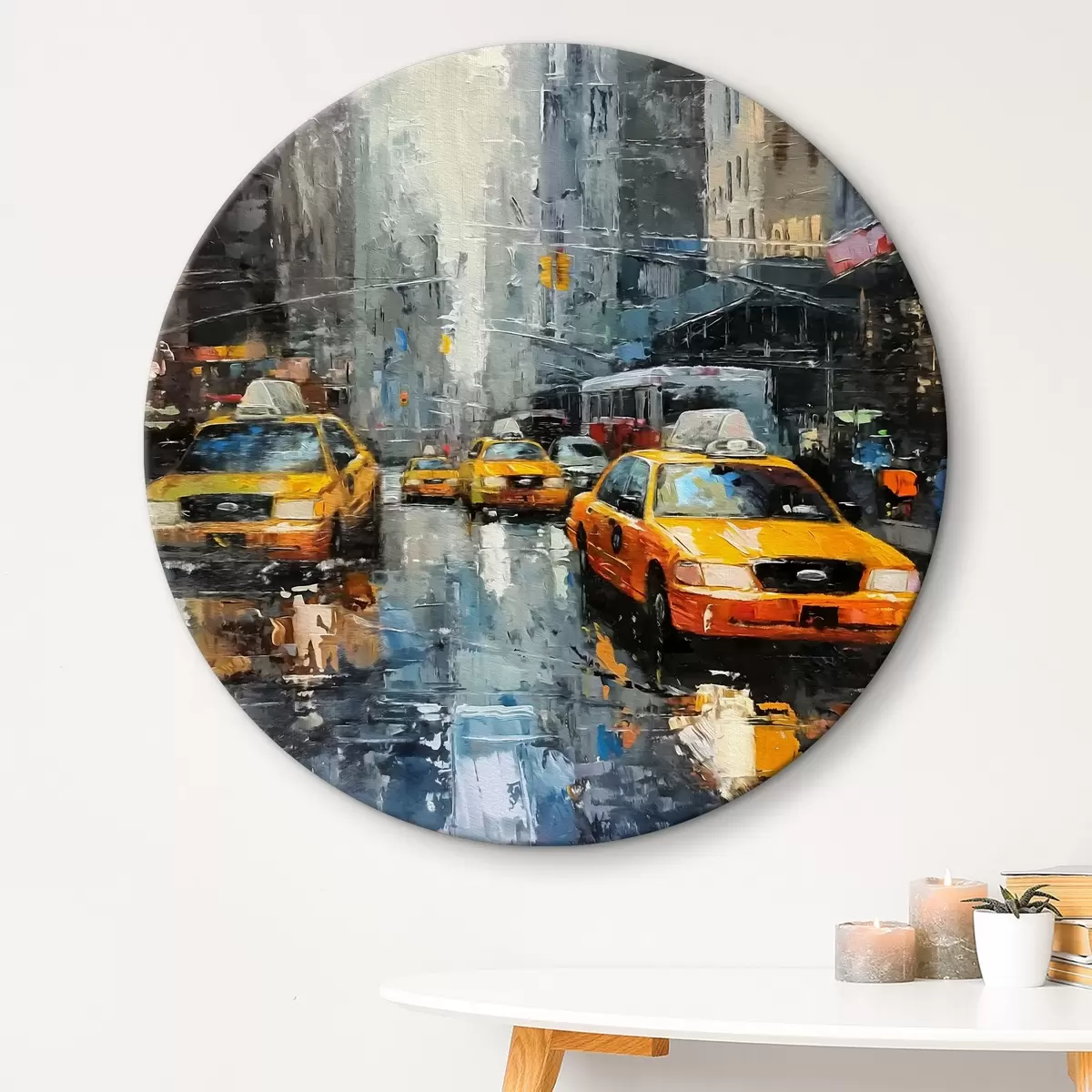 Quadri rotondi New York City, taxi e automobili r39537