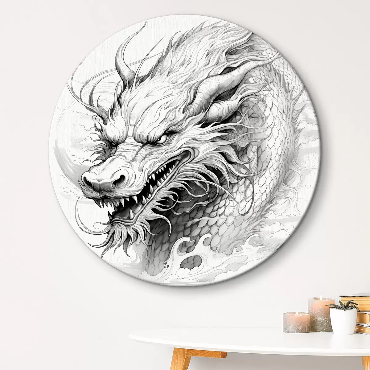 Quadri rotondi Disegno a tratteggio del drago in stile cinese monocromatico r39563