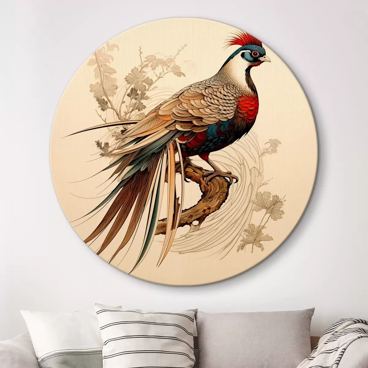 Quadri rotondi Fagiano seduto su un albero disegno in stile orientale r39566