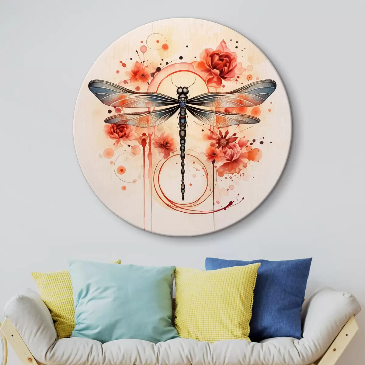 Quadri rotondi Libellula tra fiori rossi acquerello r39567