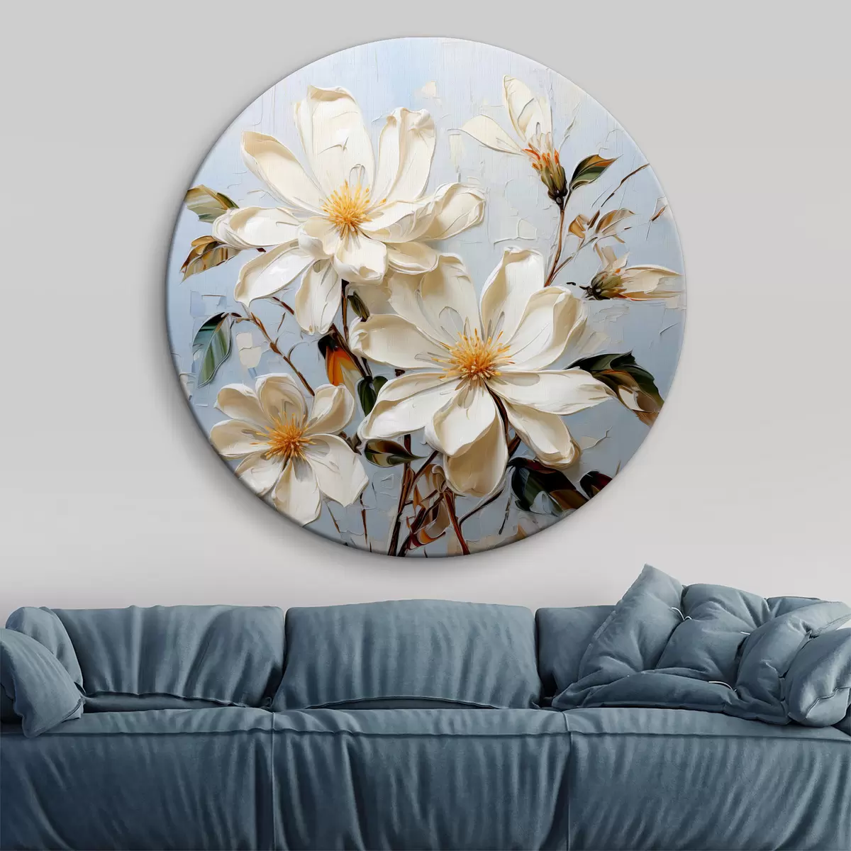 Quadri rotondi Fiori di gelsomino bianchi voluminosi su dipinto ad olio su sfondo blu r39570