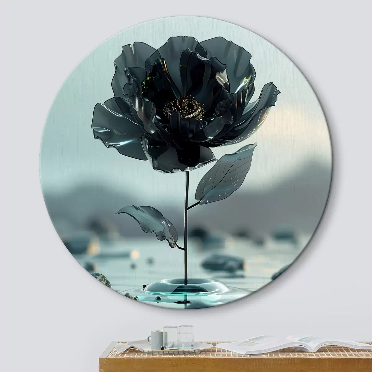 Quadri rotondi Fiore nero che emerge dal vetro: surrealismo pop e stile vittoriano r39633