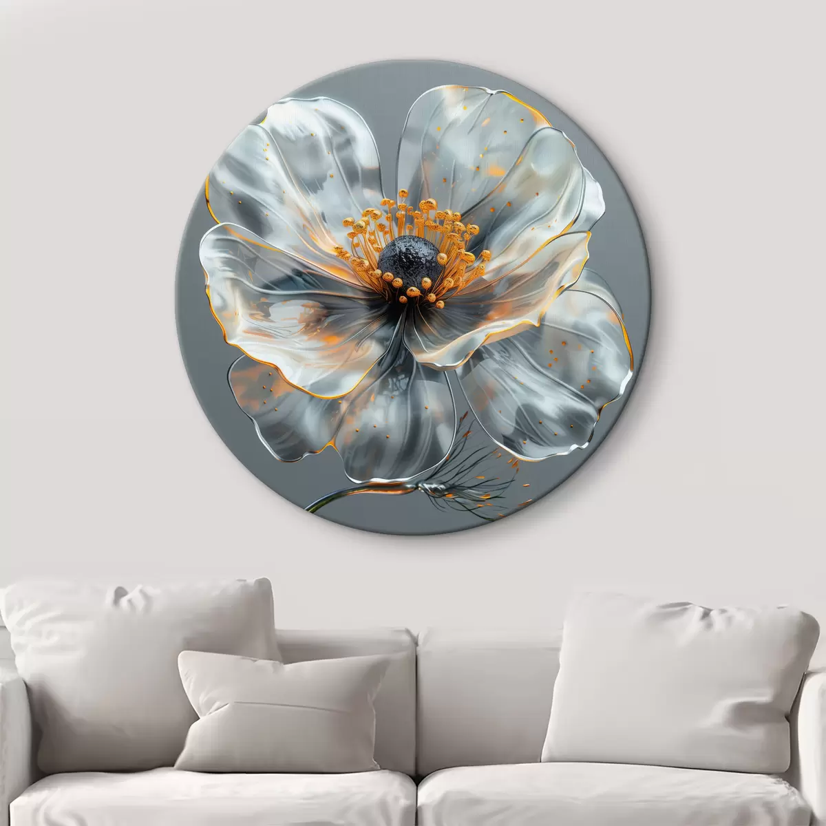 Quadri rotondi Fiore grigio in stile metallo liquido r39719