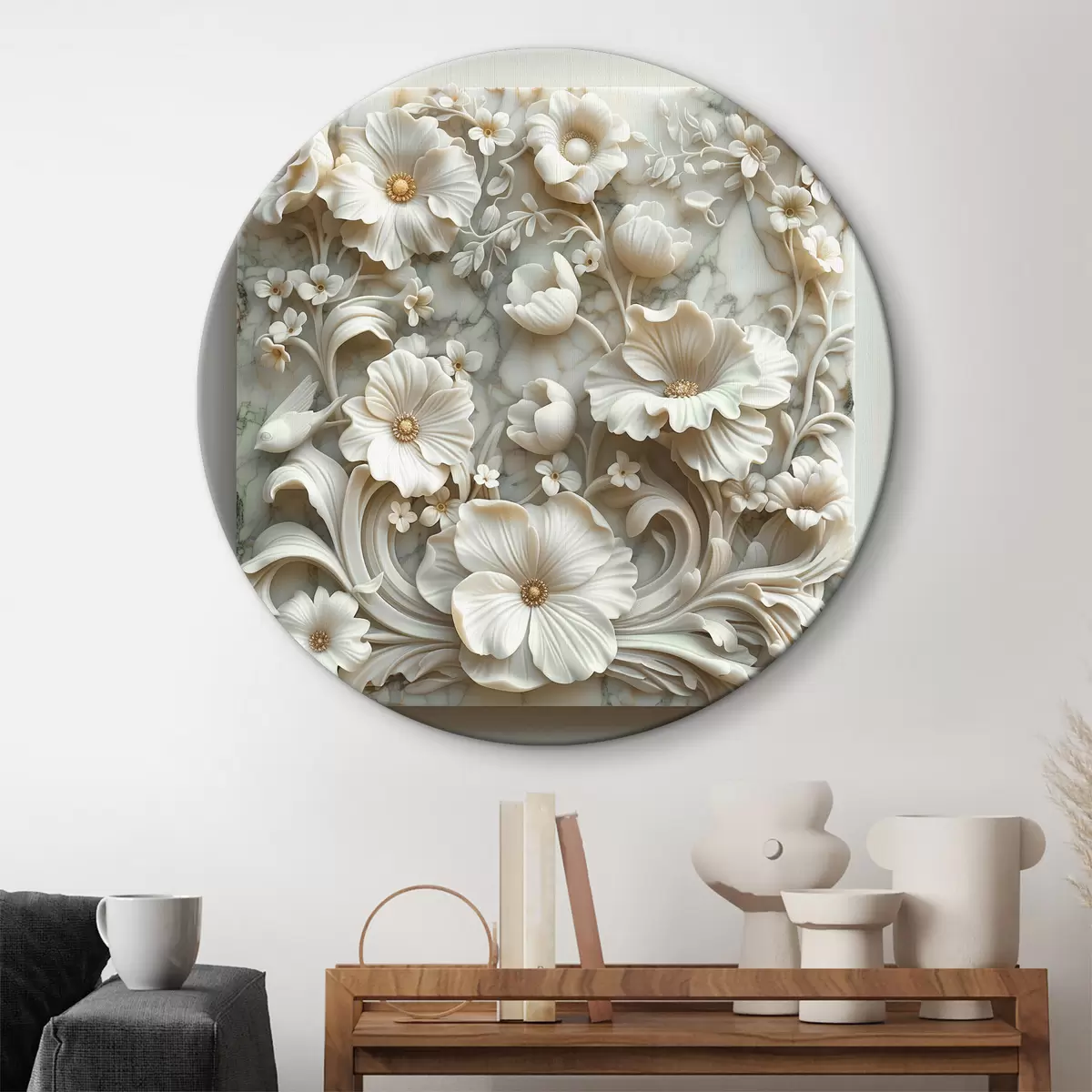 Quadri rotondi Giardino in marmo bianco con bassorilievo di uccelli r39729