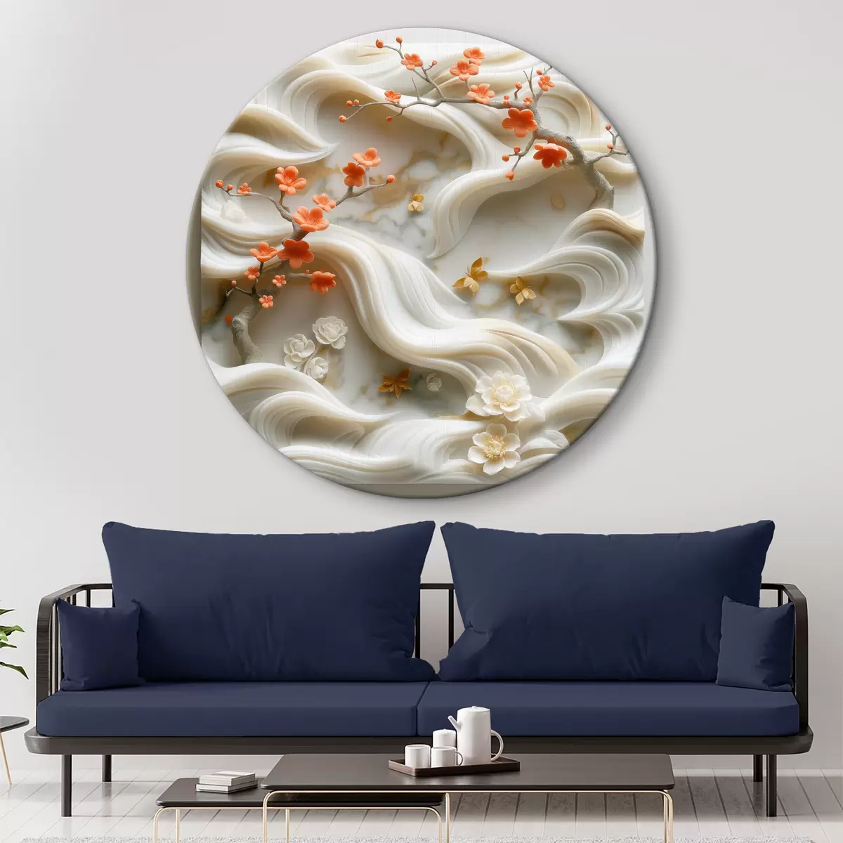 Quadri rotondi Scena celeste del giardino 3d scolpita in bassorilievo in marmo bianco con flora e fauna fluenti r39730
