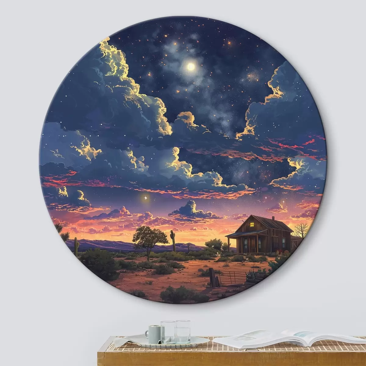 Quadri rotondi Agriturismo nel deserto, cielo stellato, colori del tramonto, paesaggio naturale r39770