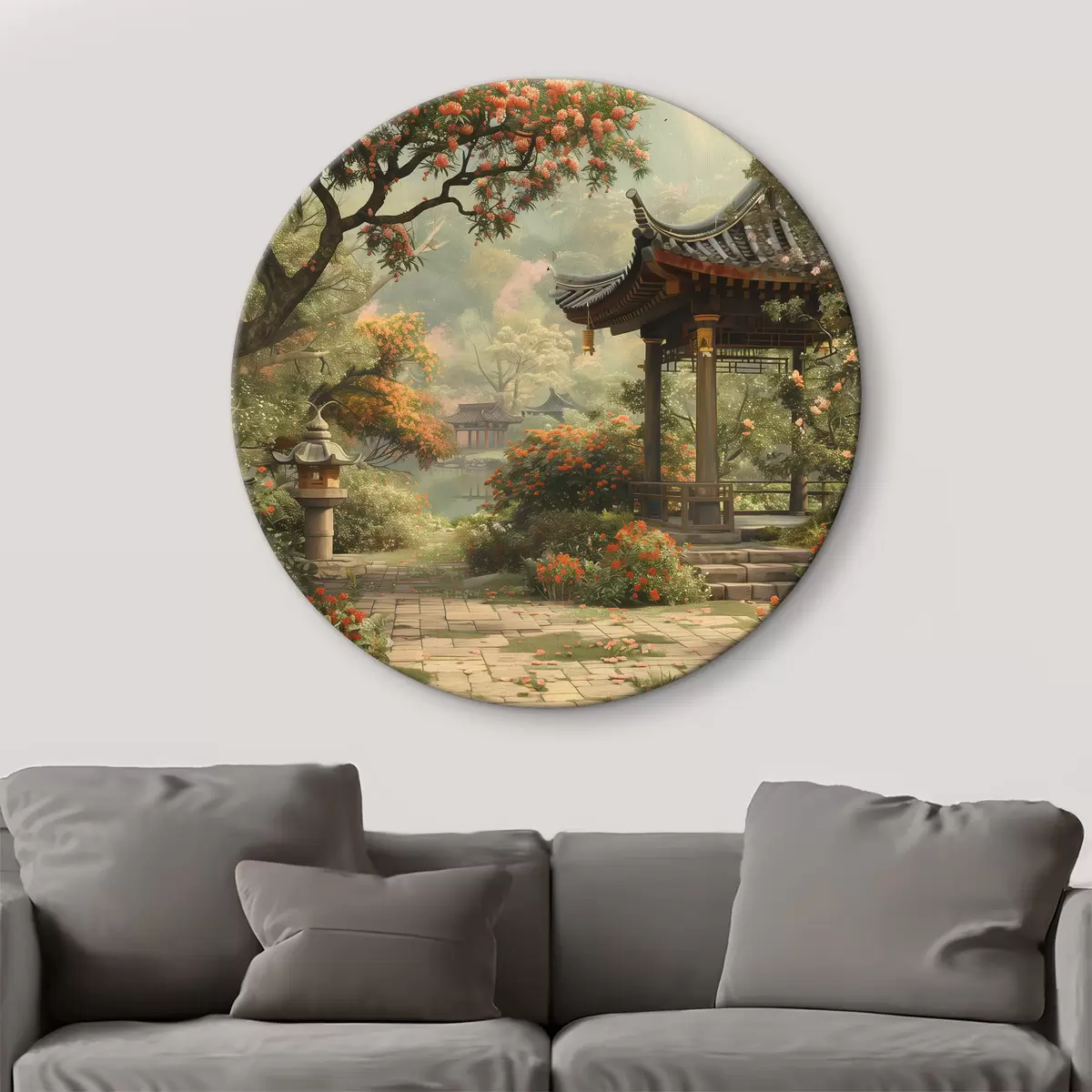 Quadri rotondi Parco giapponese con alberi e fiori in fiore, foresta, casa con giardino, lago r39772