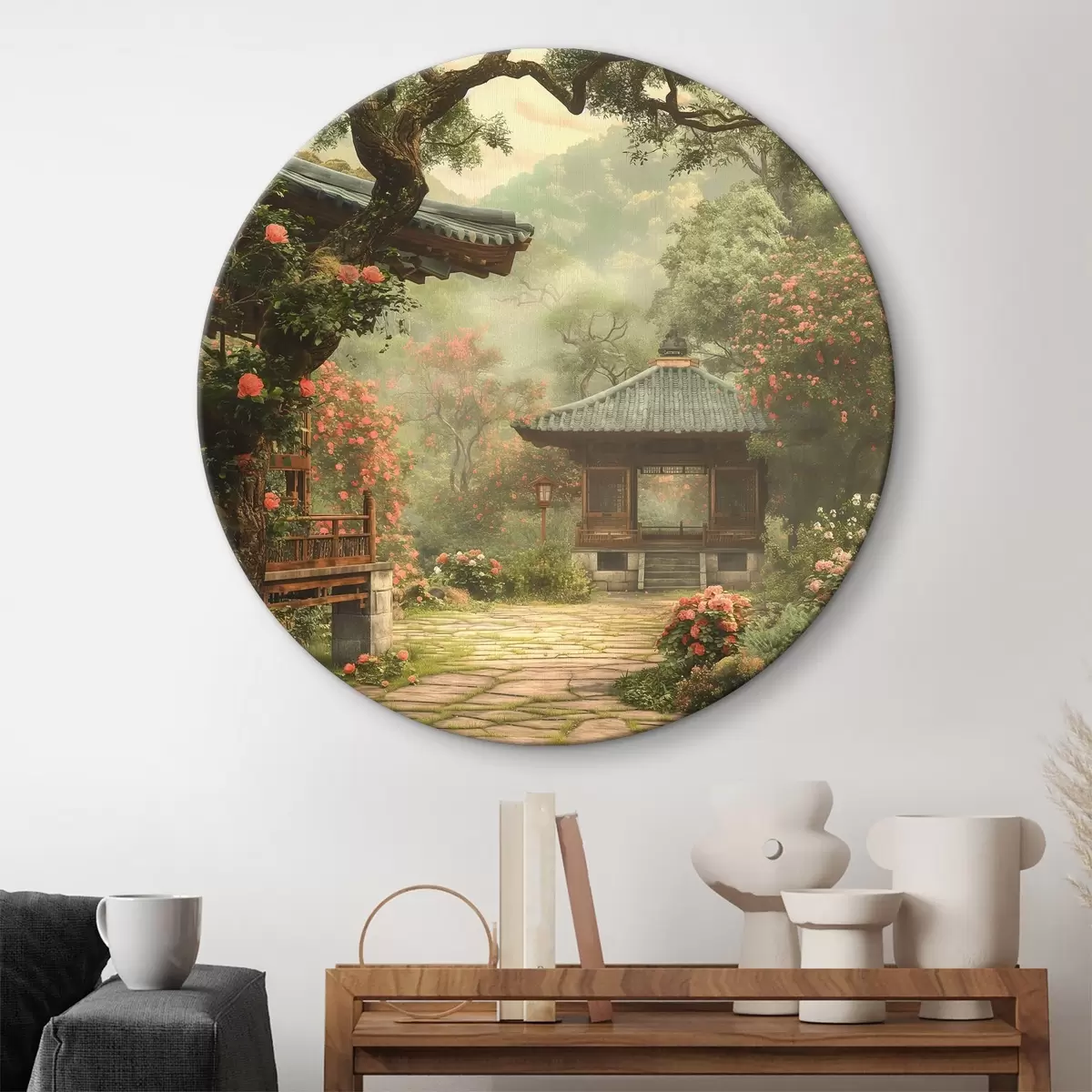 Quadri rotondi Parco giapponese con alberi e fiori in fiore, foresta, casa in legno r39773