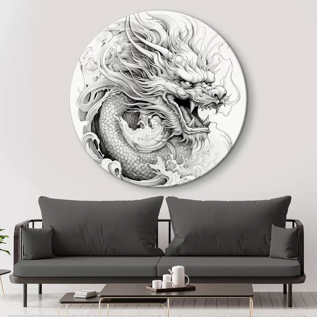 Quadri rotondi Drago con disegno a tratteggio a bocca aperta r39822