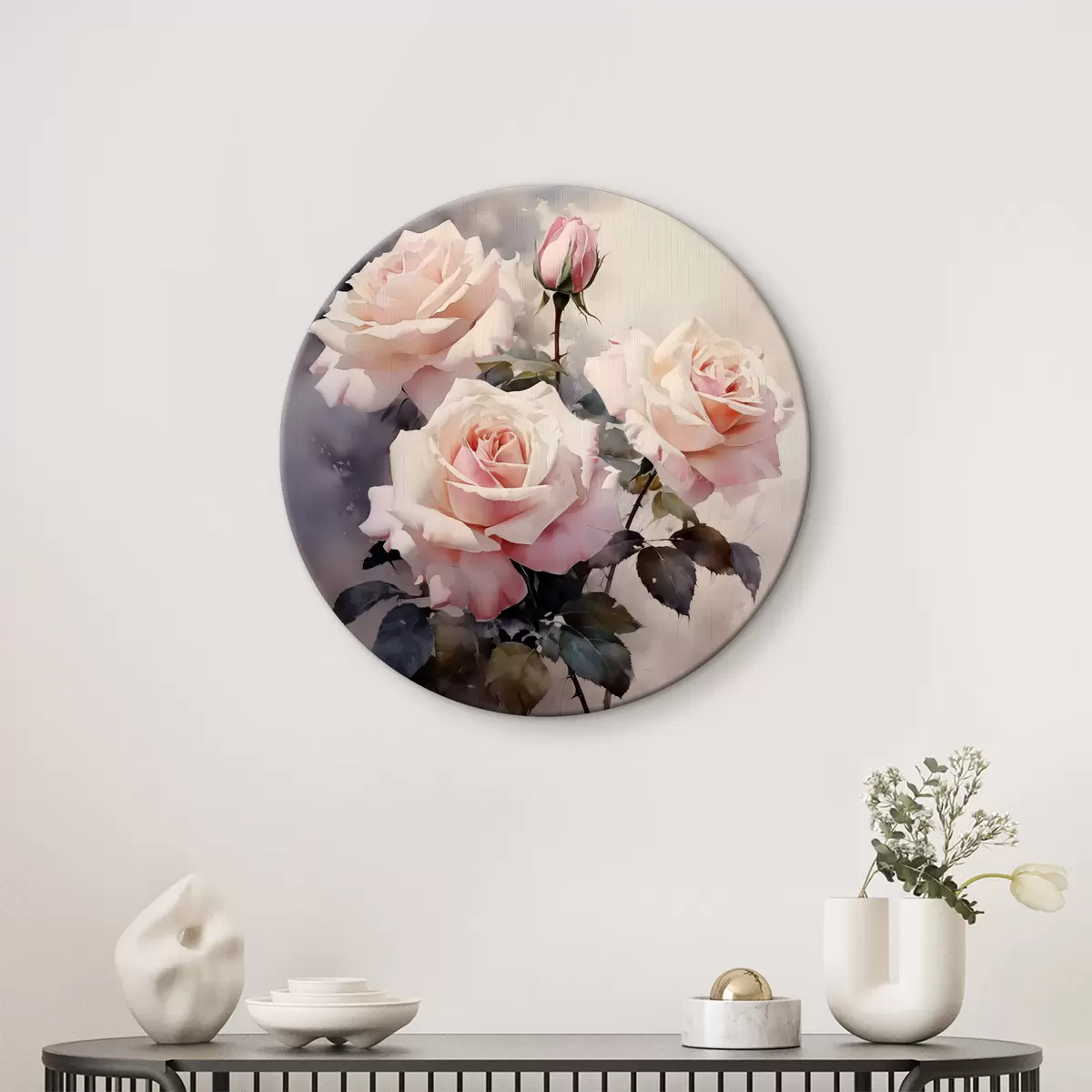 Quadri rotondi Rose bianche rosa su sfondo scuro acquerello r39927