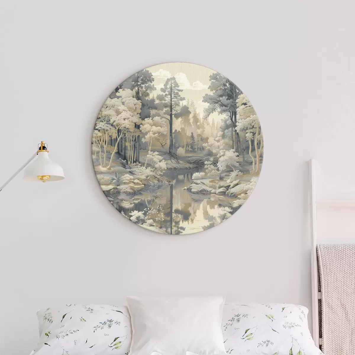 Quadri rotondi Paesaggio forestale, colori monocromatici, alberi, stagno, pastello morbido r39974