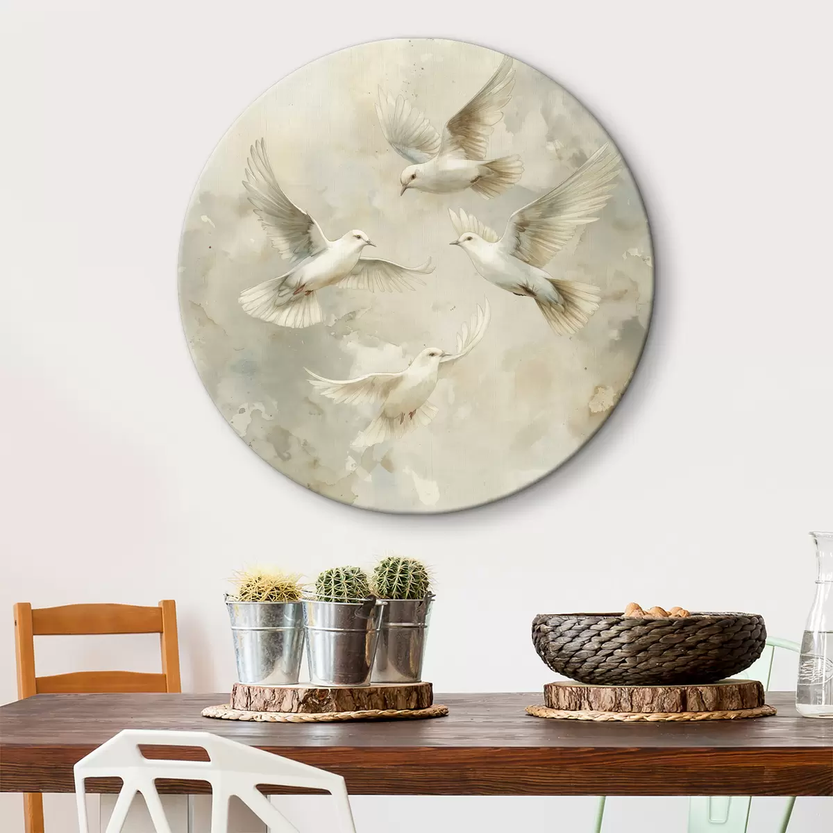 Quadri rotondi Uccelli in volo acquerellati, colori tenui beige e bianco, piccioni r39976