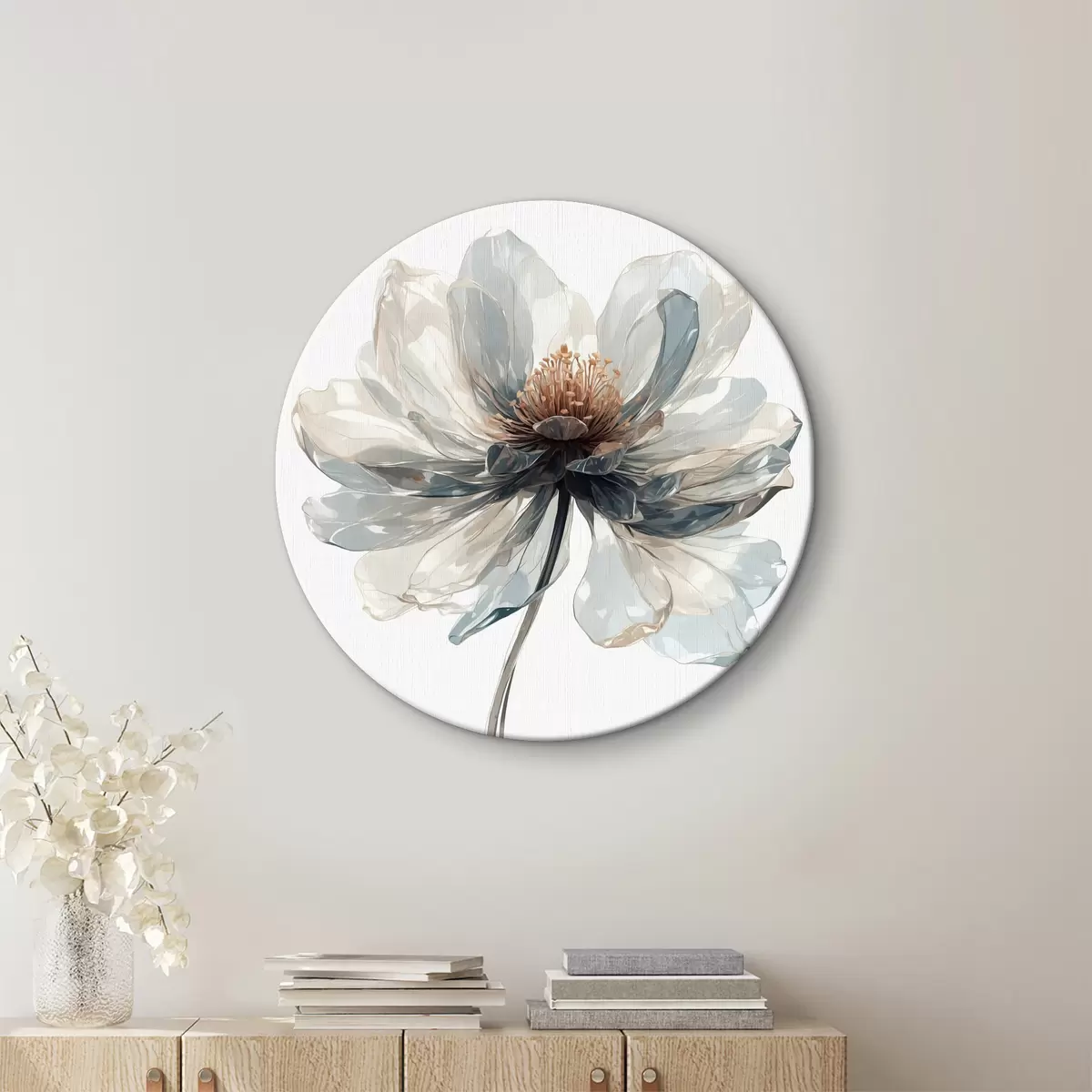 Quadri rotondi Fiore blu trasparente su sfondo bianco r40067