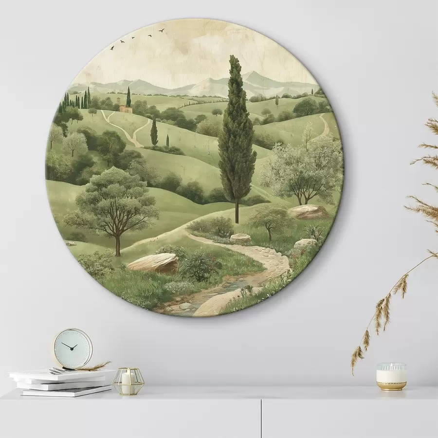 carta da parati Paesaggio toscano, stile vintage, colori verde pastello, colline e alberi nr. r40075