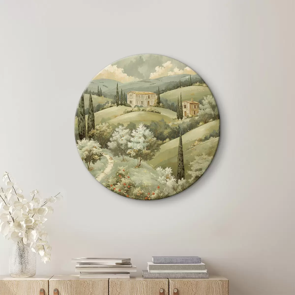 Quadri rotondi Paesaggio con case d'epoca, colori verde pastello, disegno acrilico, estate r40078