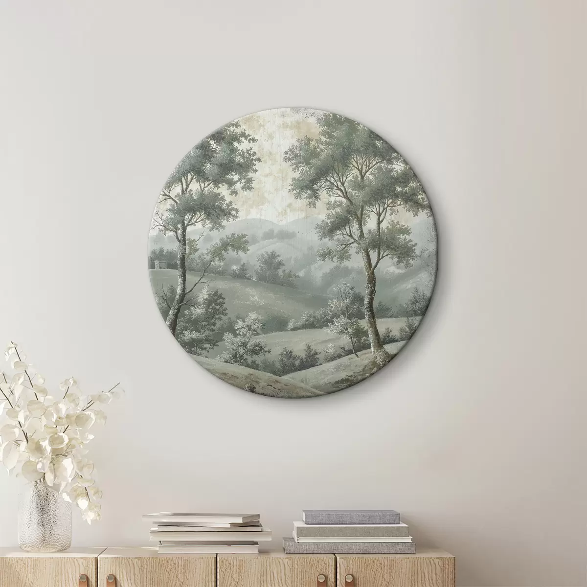 Quadri rotondi Paesaggio vintage, stile rustico, colori pastello, prato con alberi, boho r40085