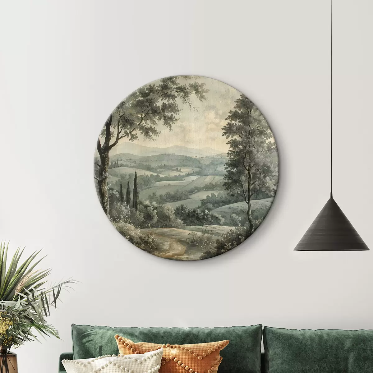 Quadri rotondi Paesaggio italiano d'epoca, stile rustico, colori pastello, colline con alberi, boho r40086