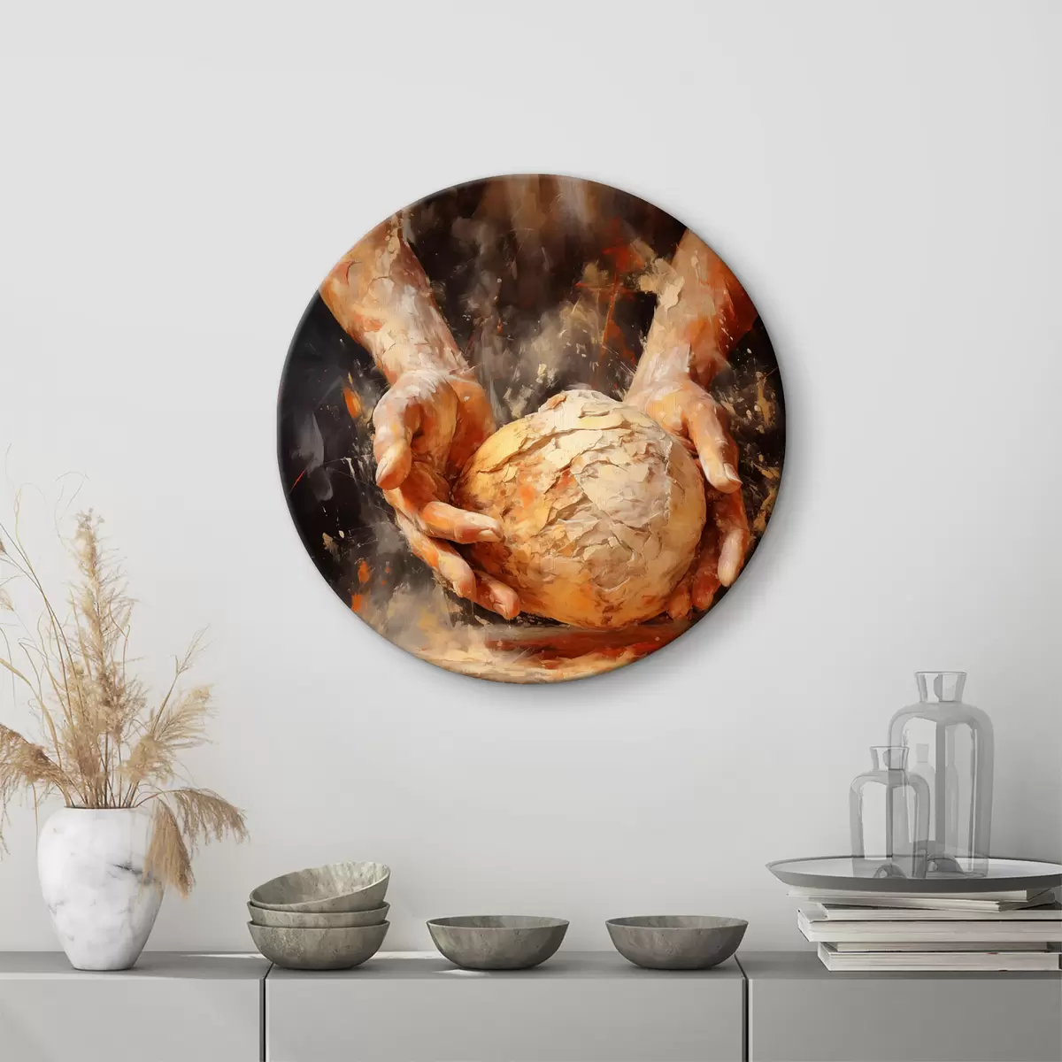 Quadri rotondi Mani del fornaio che tengono l'impasto imitazione pittura a olio r40095