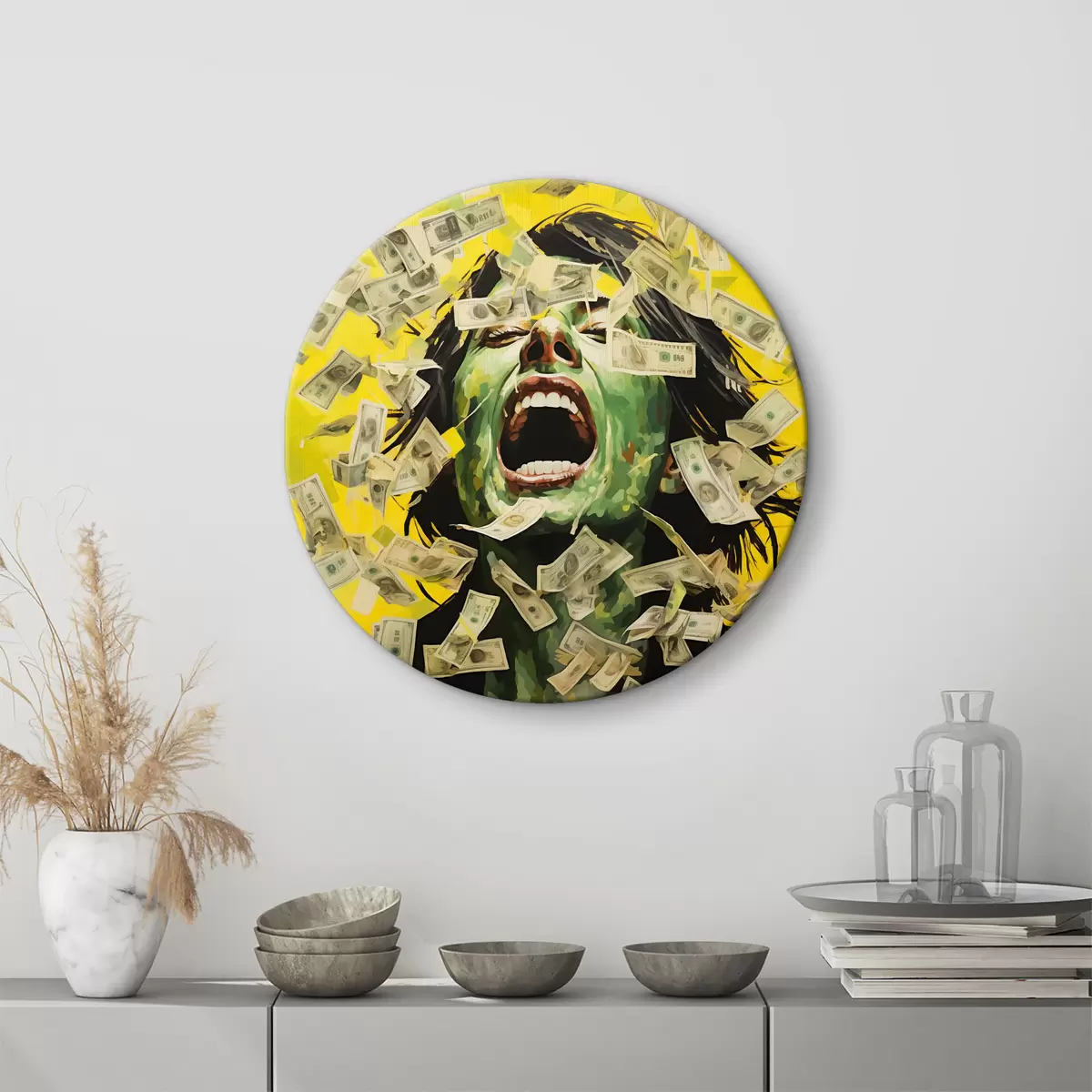 Quadri rotondi Ritratto di donna verde su giallo, urlo, banconote, imitazione di denaro dipinto ad olio r40096