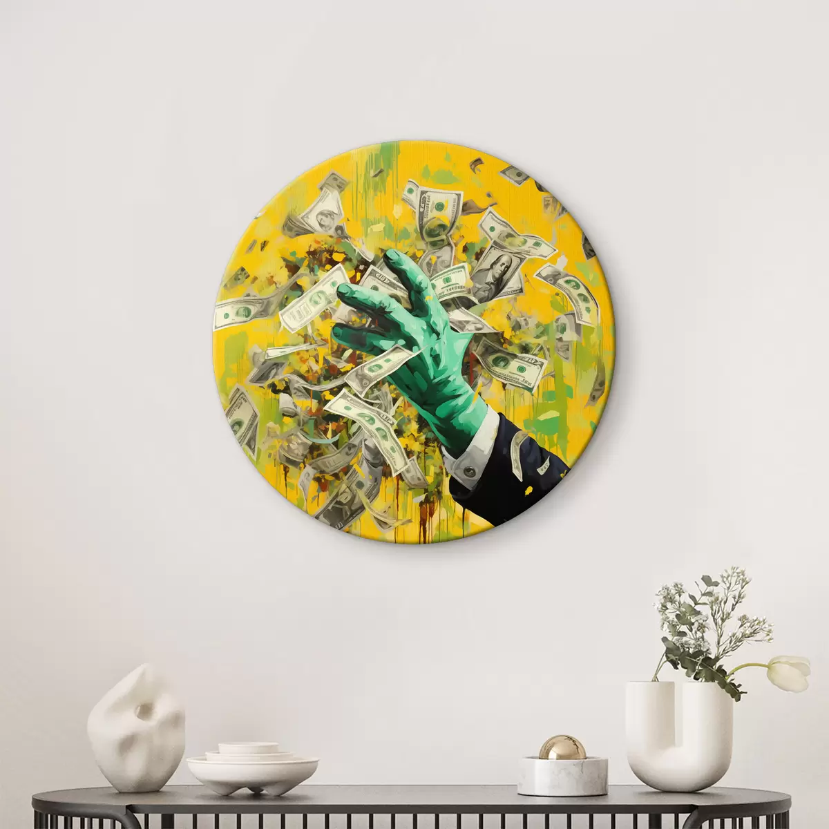 Quadri rotondi Mano verde in giacca afferra banconote, soldi, sfondo giallo, imitazione di pittura a olio r40097