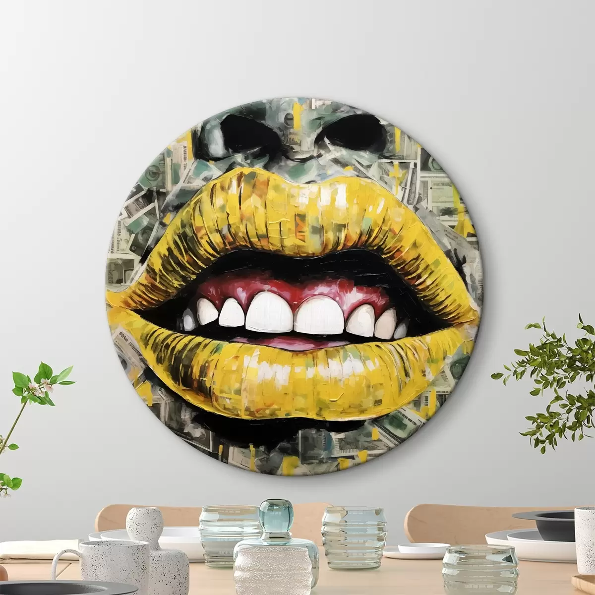 Quadri rotondi Labbra gialle, denti bianchi, faccia in banconote imitazione di pittura a olio r40098