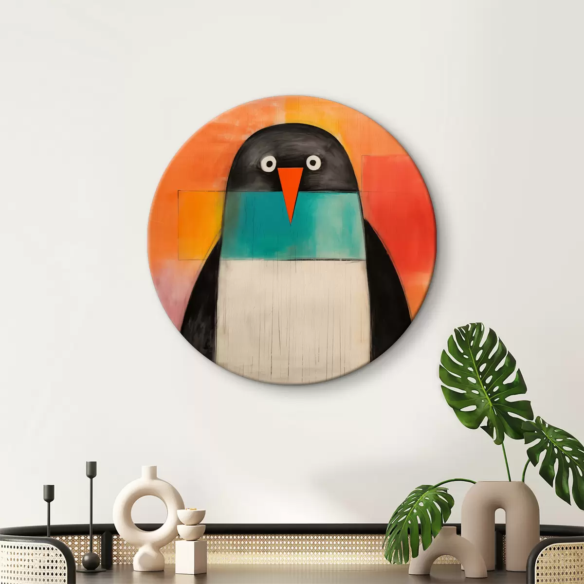 Quadri rotondi Disegno piatto di pinguino su sfondo rosso-arancio r40217