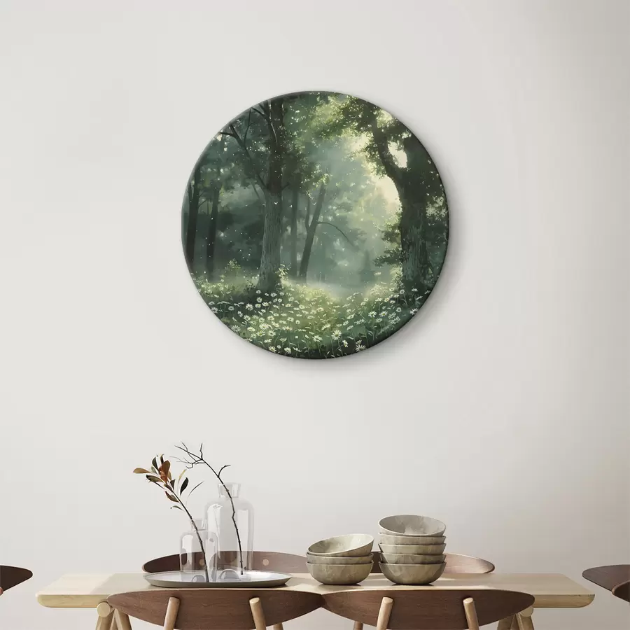 carta da parati Foresta fitta con luce solare sugli alberi, fiori di camomilla, erba verde, natura nr. r40224