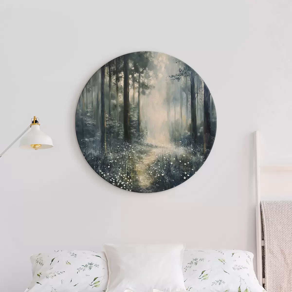 Quadri rotondi Foresta fitta con luce solare sugli alberi, fiori bianchi, erba verde, pittura a olio r40227