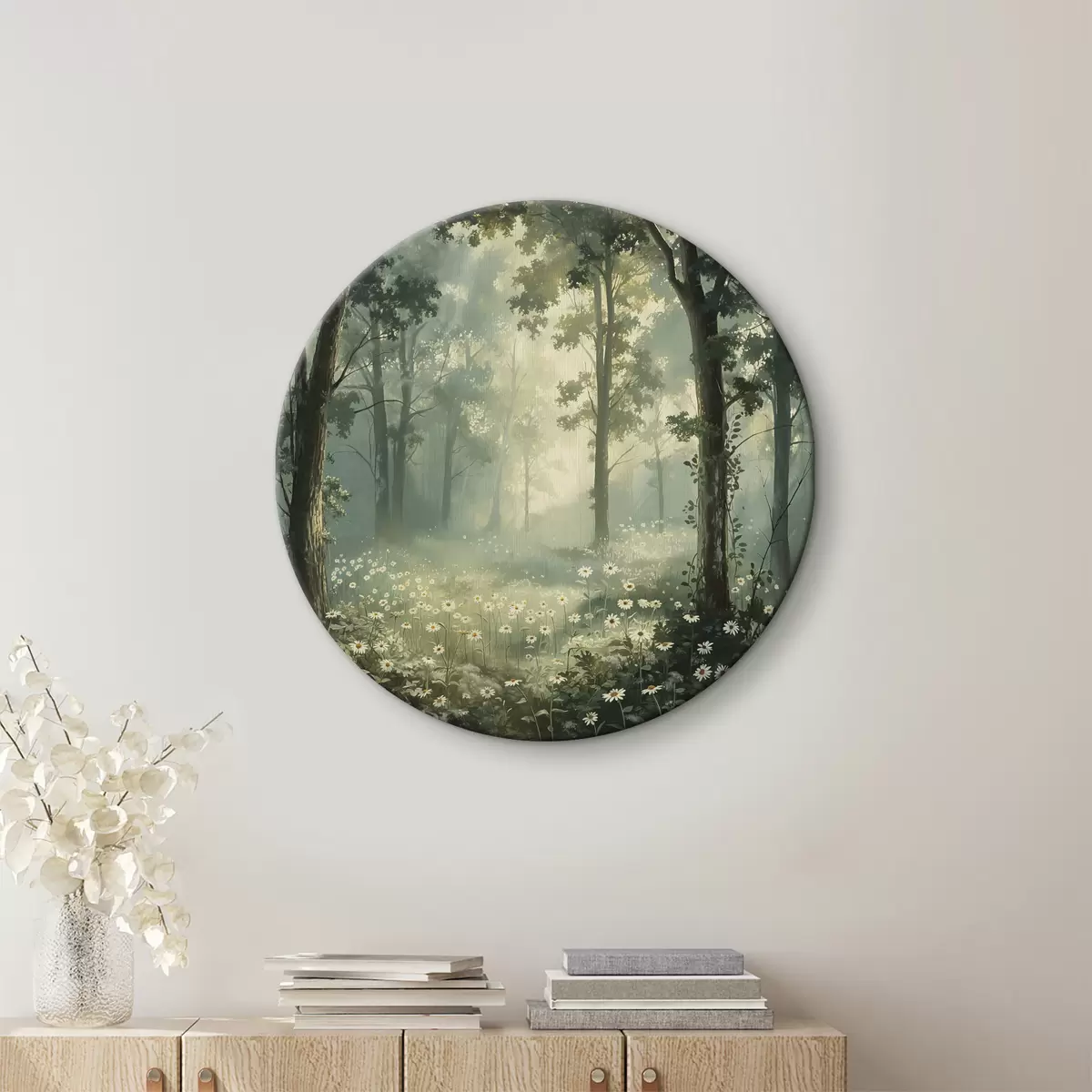 Quadri rotondi Foresta con luce solare soffusa, fiori di camomilla, alberi, erba verde, disegno acrilico r40228