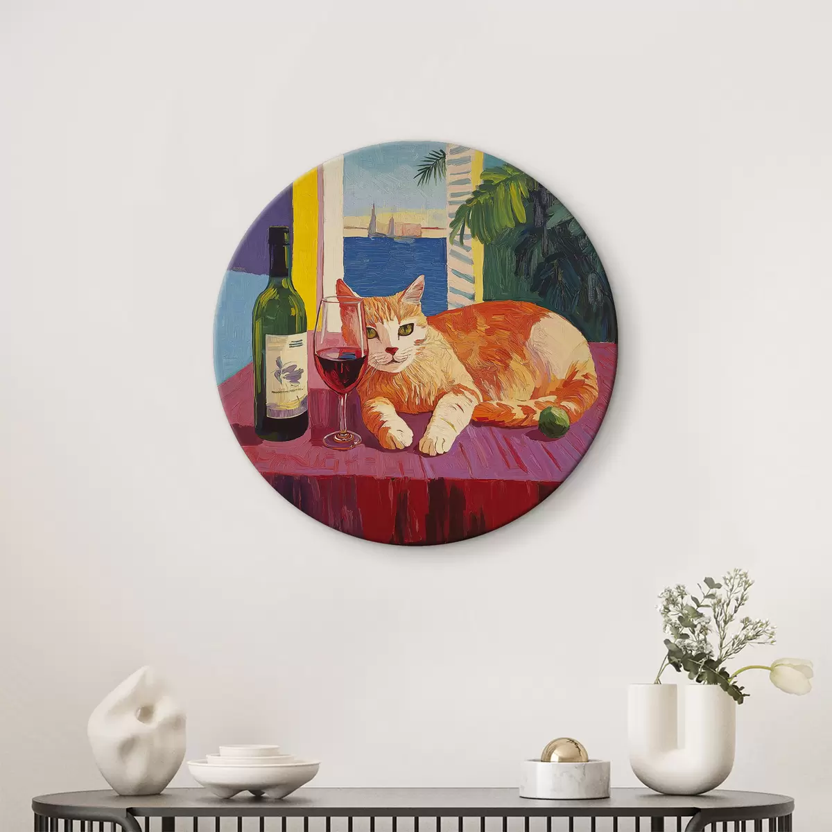Quadri rotondi Gatto e vino r40269