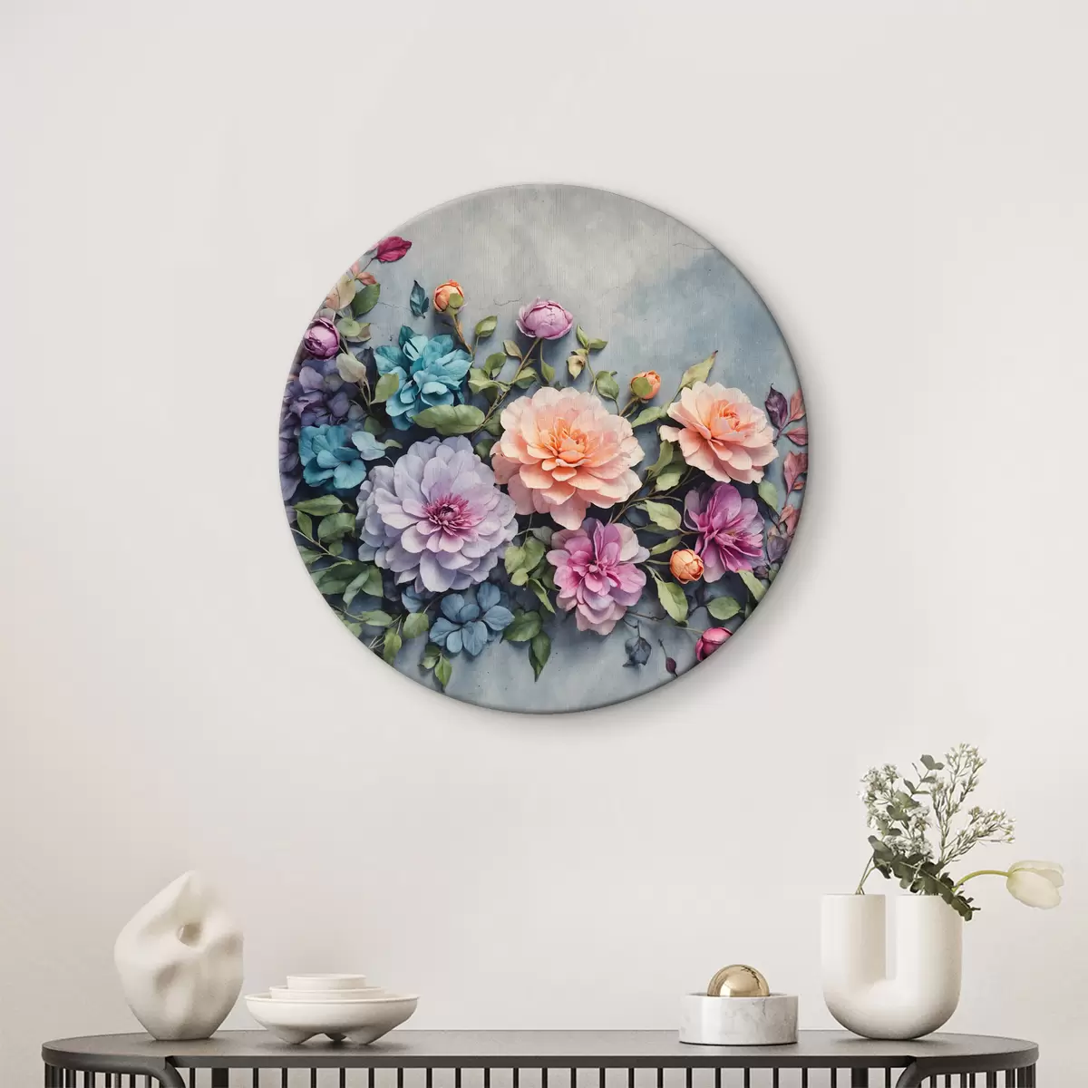 Quadri rotondi Fiori e foglie su sfondo blu r40346