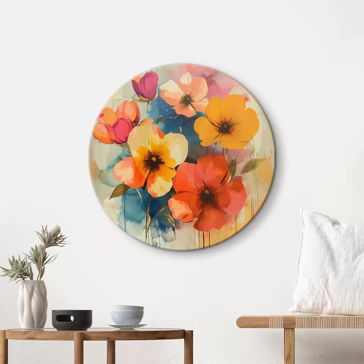 Quadri rotondi Fiori acquerellati su uno sfondo astratto r40371