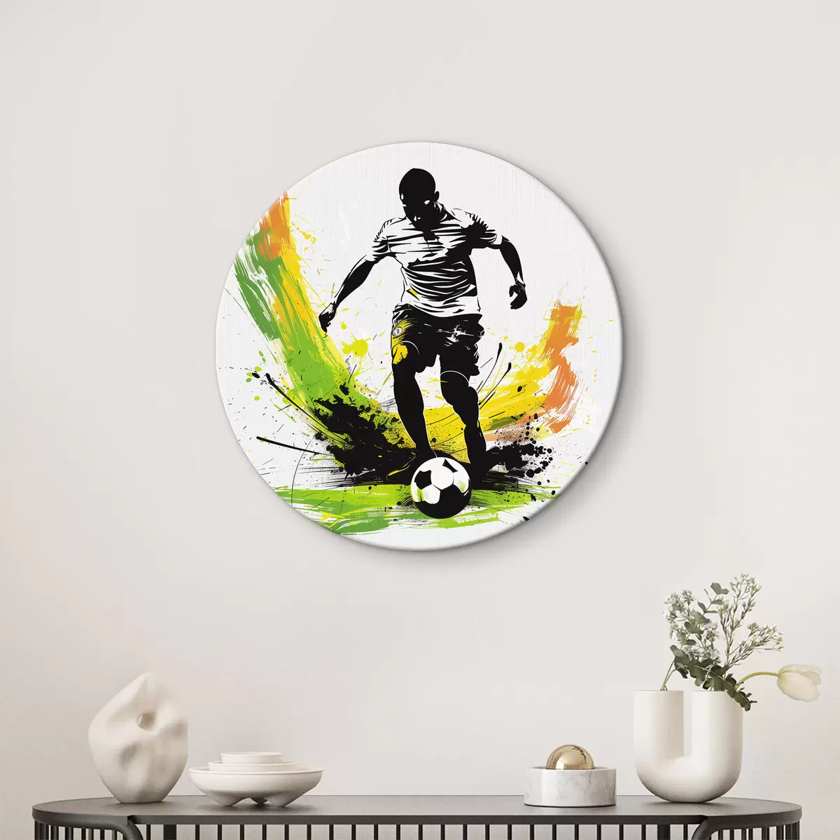 Quadri rotondi Giocatore di football su uno sfondo di schizzi colorati r40381