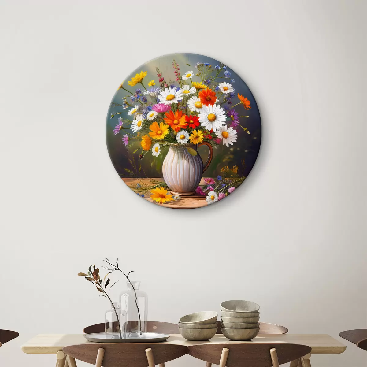 Quadri rotondi bouquet luminoso, fiori di campo, fiori in un vaso r40419