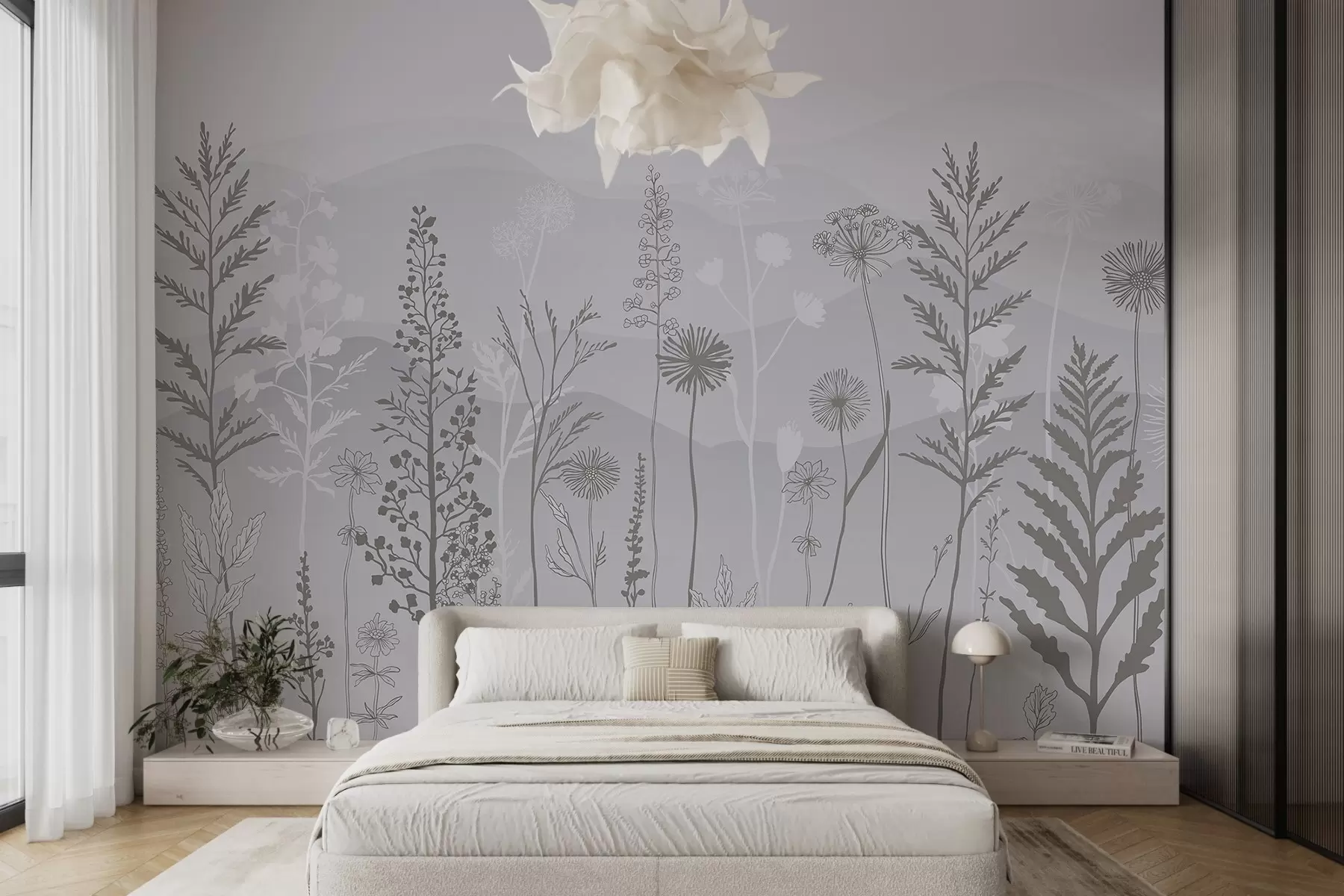 Carta da parati nature carta da parati in stile ecologico, fiori selvatici nei toni del grigio 