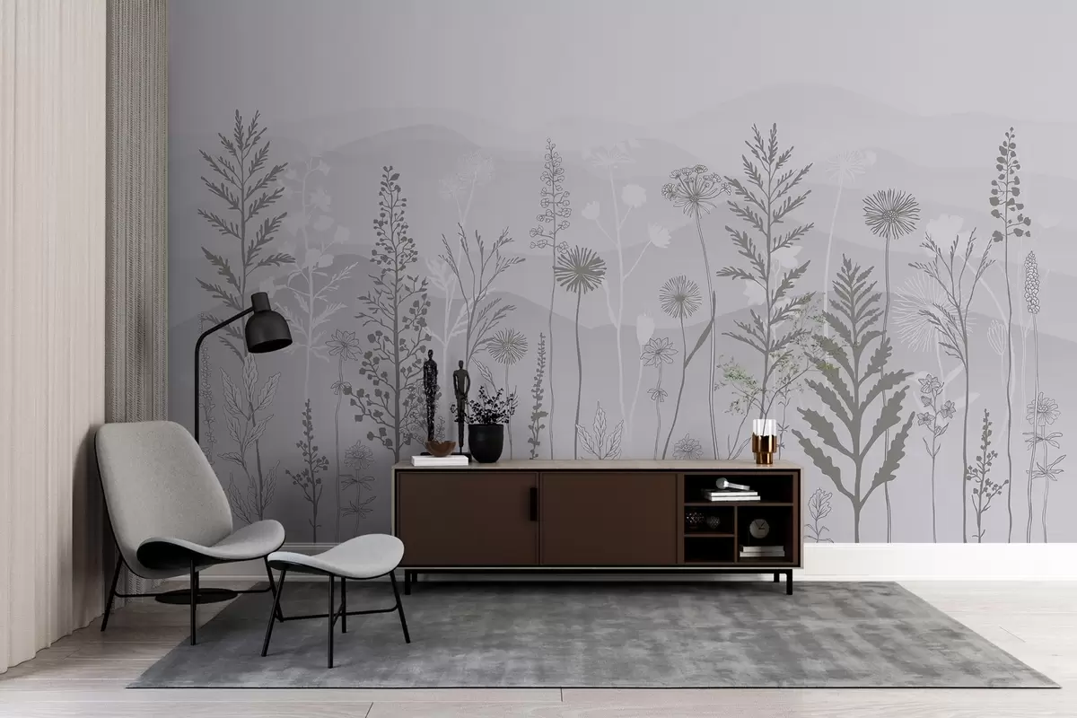 carta da parati carta da parati in stile ecologico, fiori selvatici nei toni del grigio nr. w02443