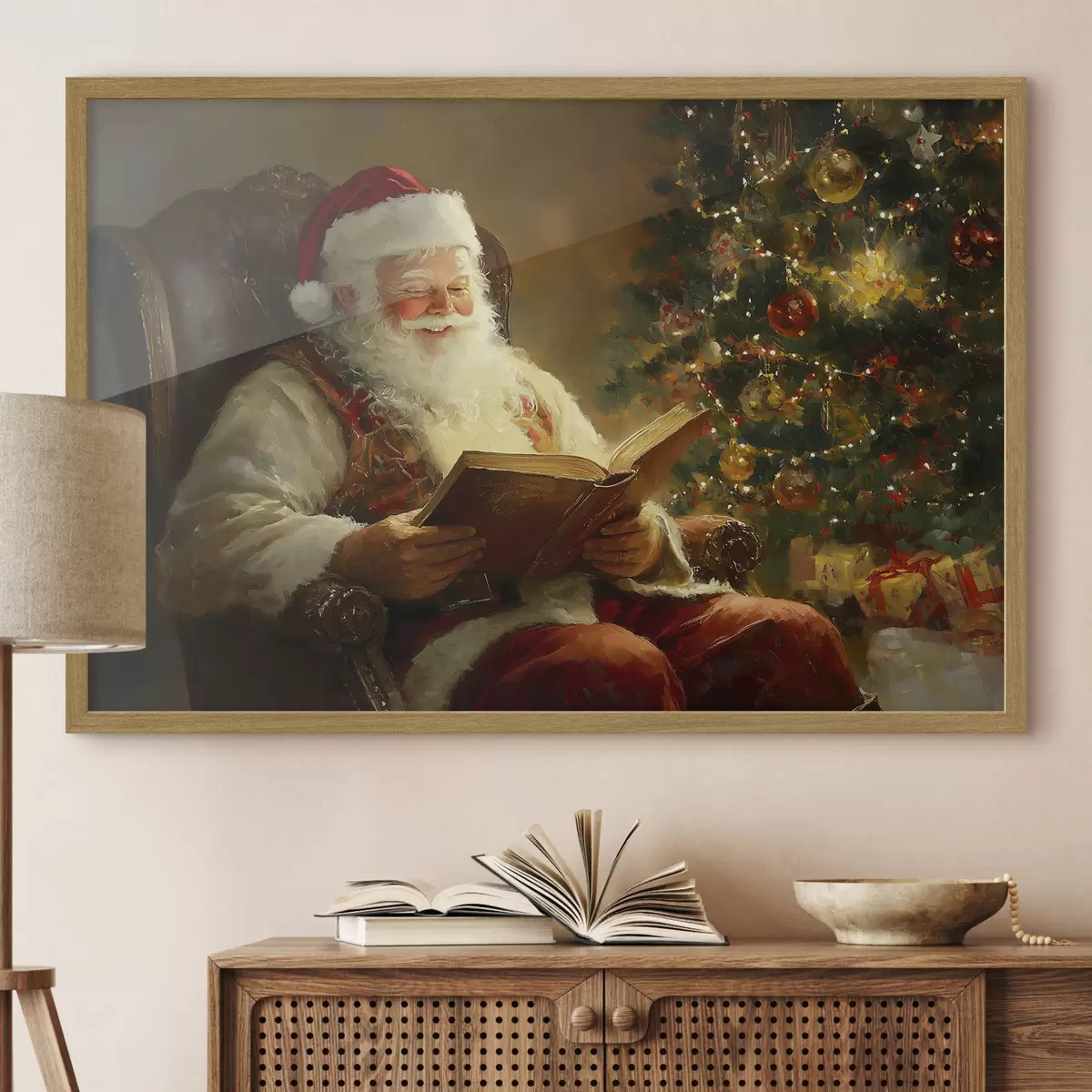 Poster Babbo Natale sta leggendo un libro vicino all'albero di Natale f42100