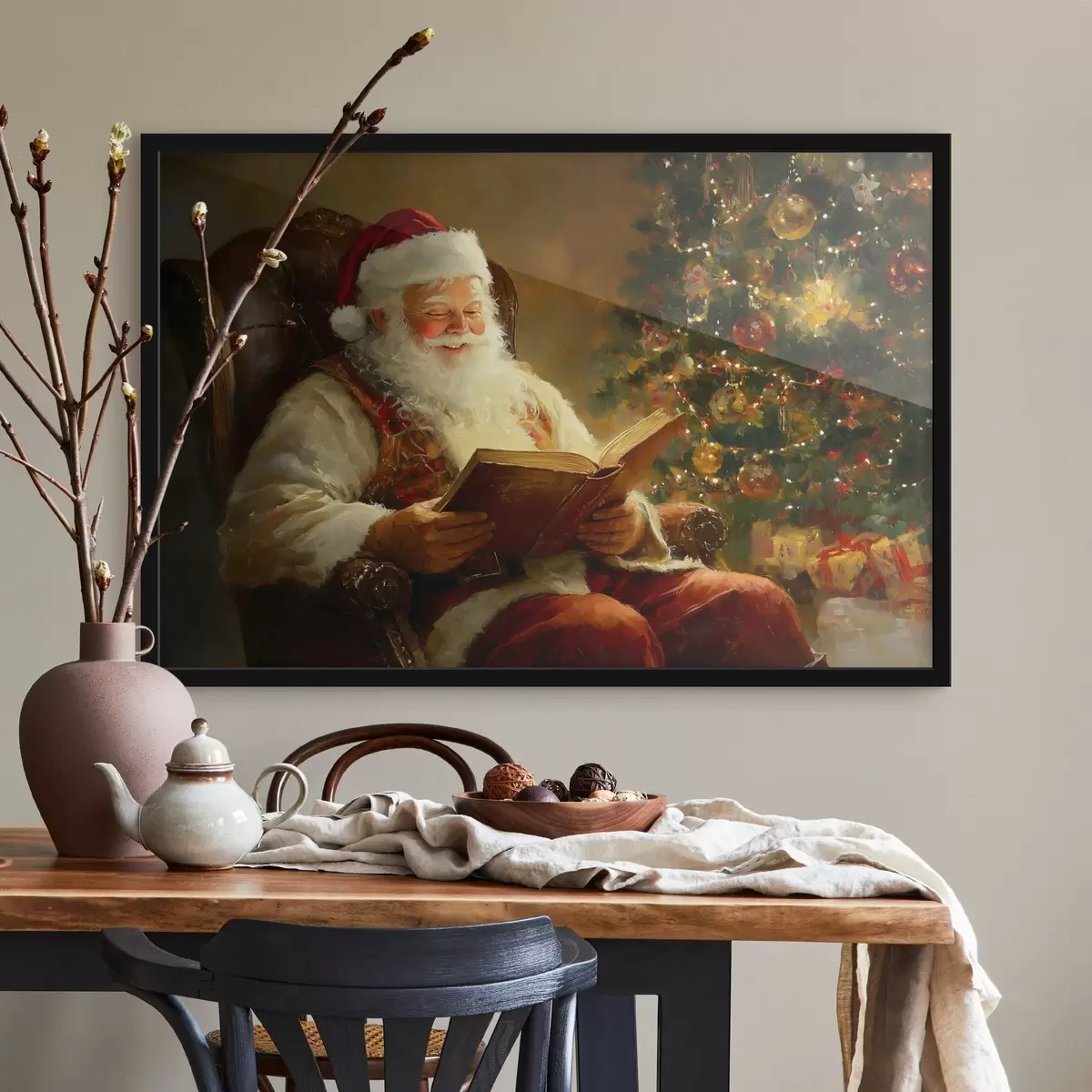 Poster Babbo Natale sta leggendo un libro vicino all'albero di Natale f42100