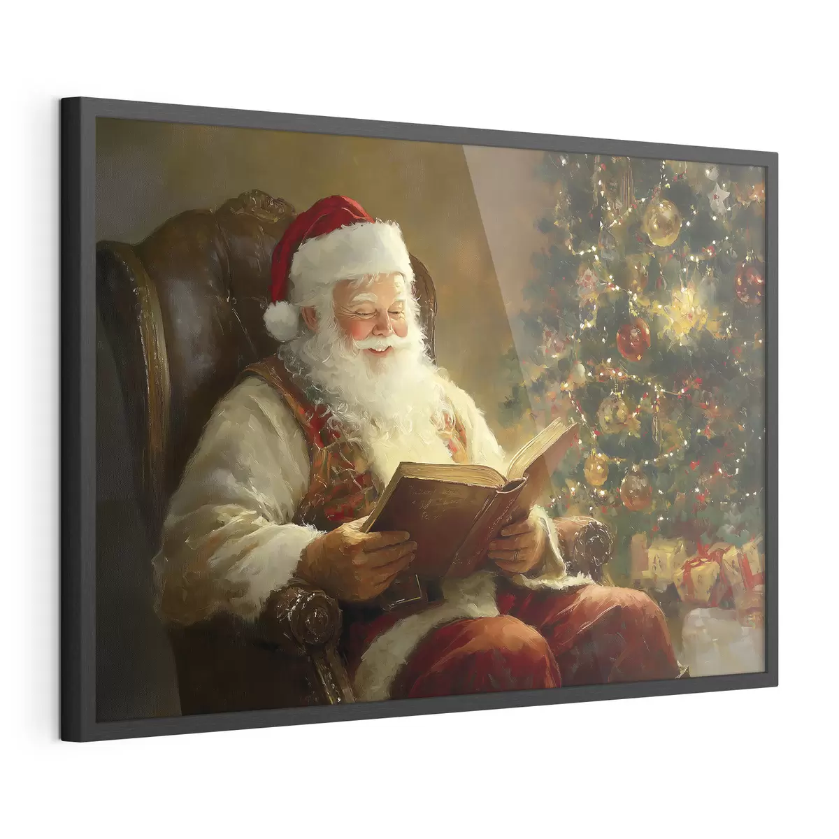 Poster Babbo Natale sta leggendo un libro vicino all'albero di Natale f42100